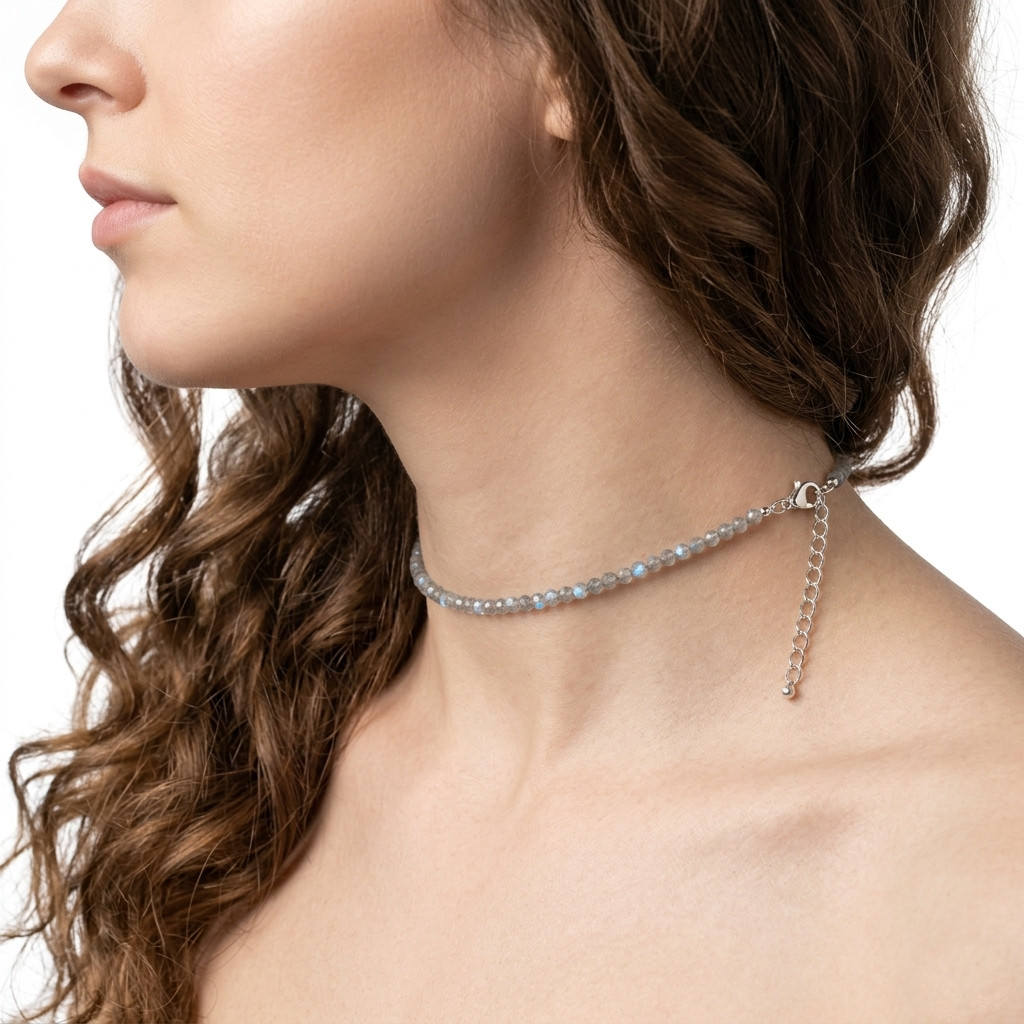 2mm Natural Labradorite Choker Necklace Adjustable Silver Plated Intuition