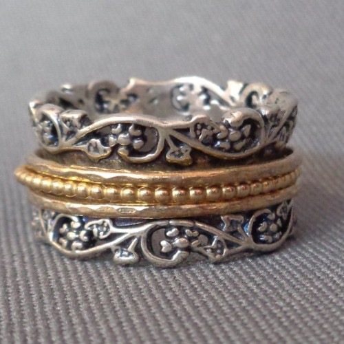 Sterling Silver Two Tone Spinner Band Ring Signed PZ Sz 7 – 7.5 Intricate Scroll