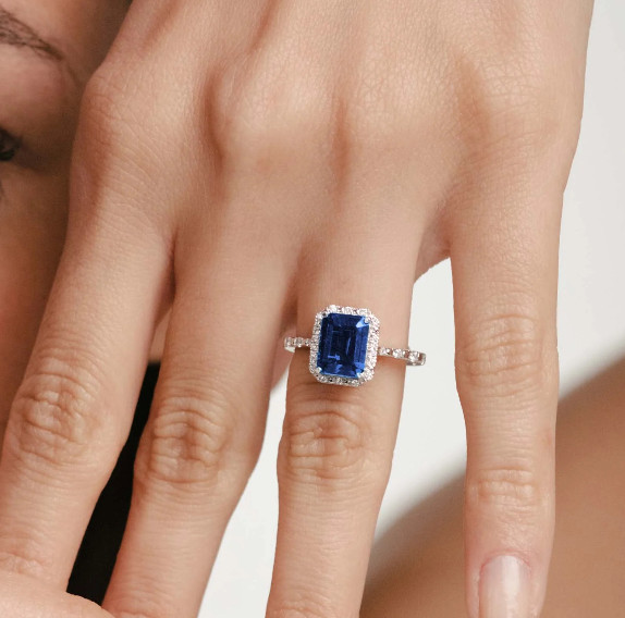 Emerald Cut 3.25 Ct Lab Created Diamond Women Ring Blue Sapphire 14K White Gold