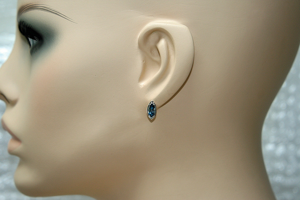 9ct White Gold London Blue Topaz Studs marquise earrings Gift Boxed Made in UK