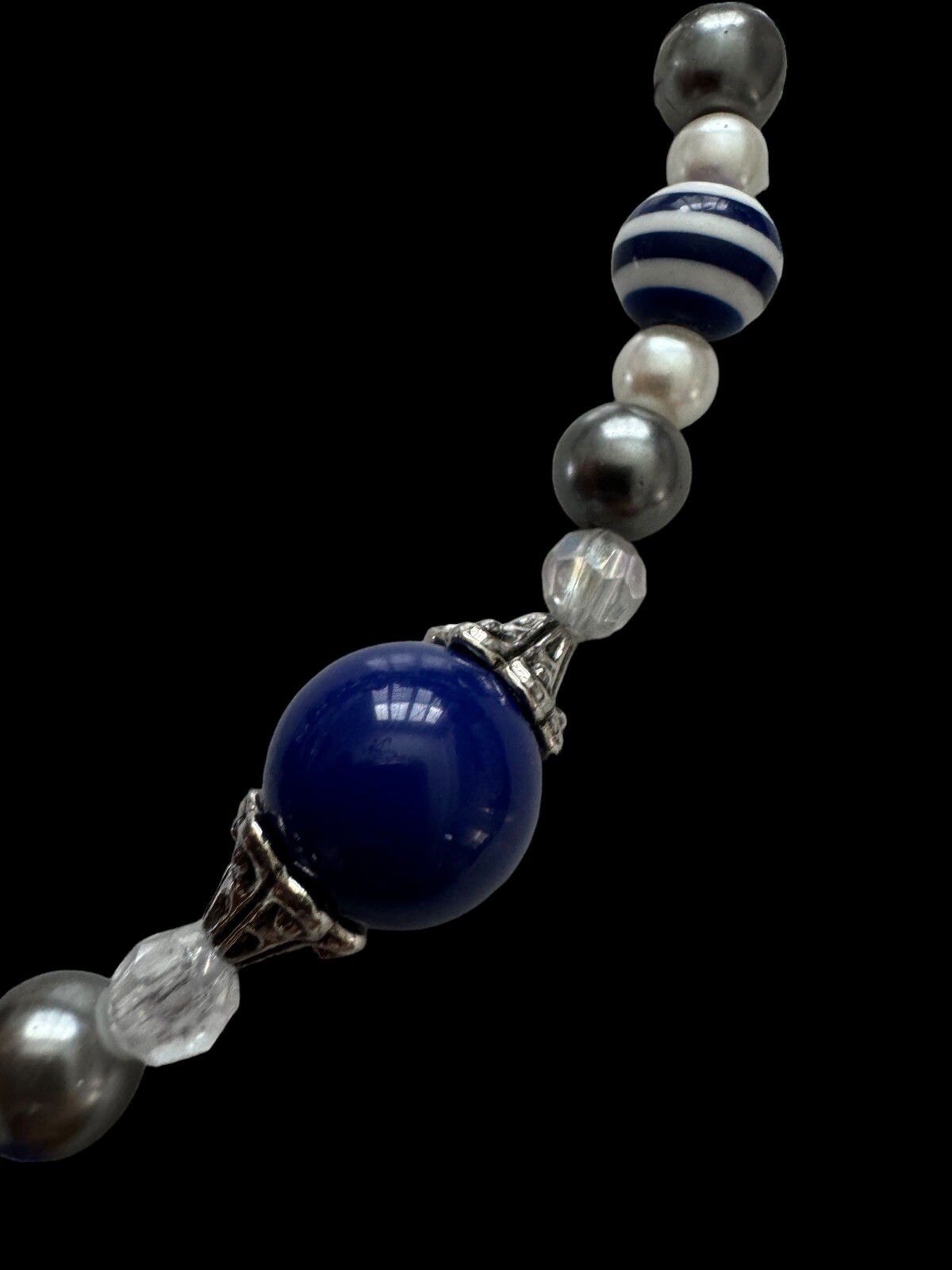 Handmade Beaded Blue White Silver Tone Necklace, Faux Sapphire Jar Pendant P4