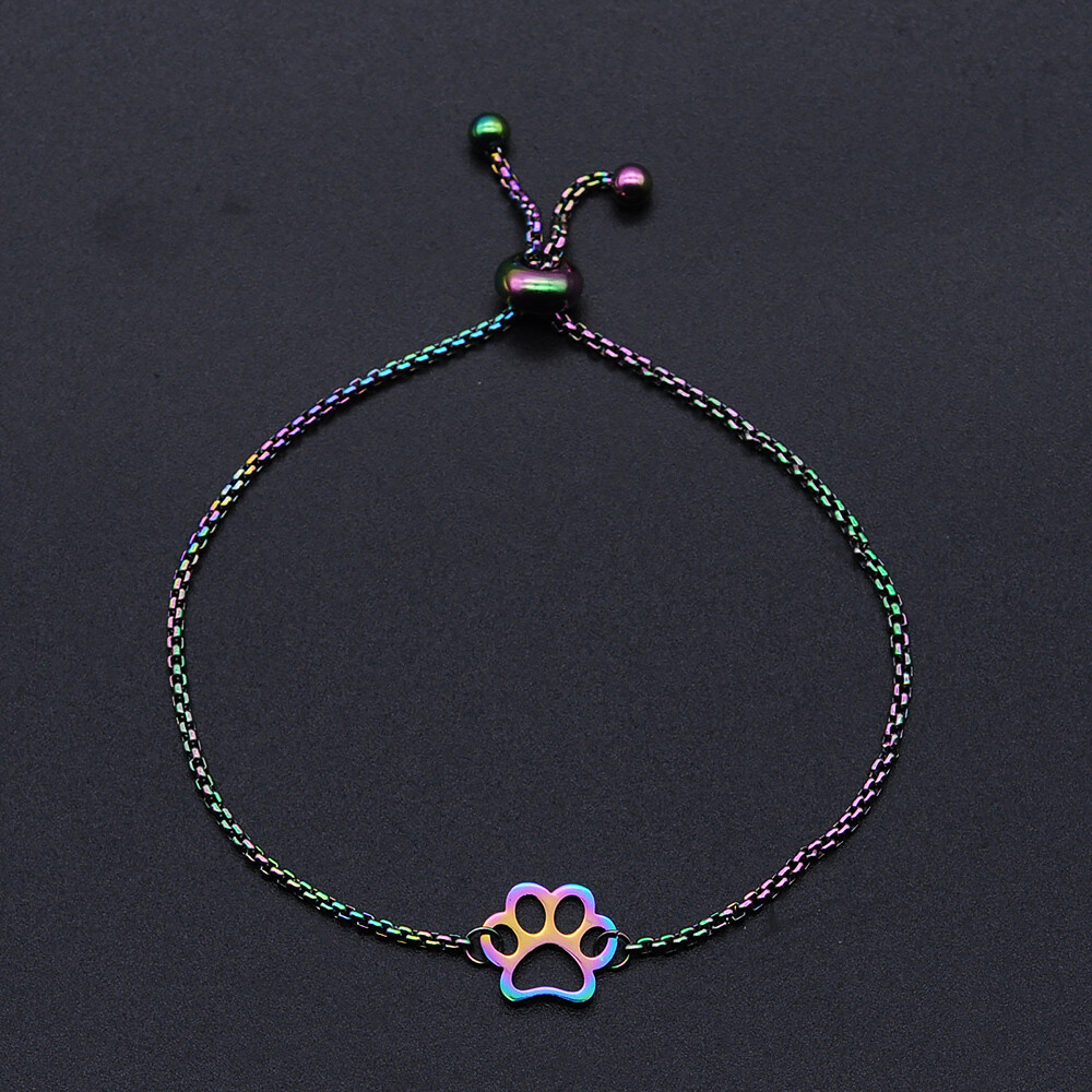 Adjustable Stainless Steel Slider Bracelet Bolo Chain Dog Paw Prints 9.5″ A144
