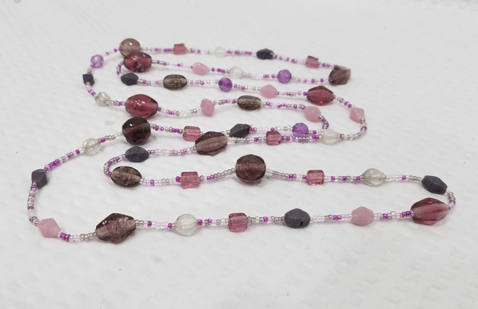 Vintage Pink Mauve Rose Lavender & Taupe Glass Bead Continuous 48″ Long Necklace