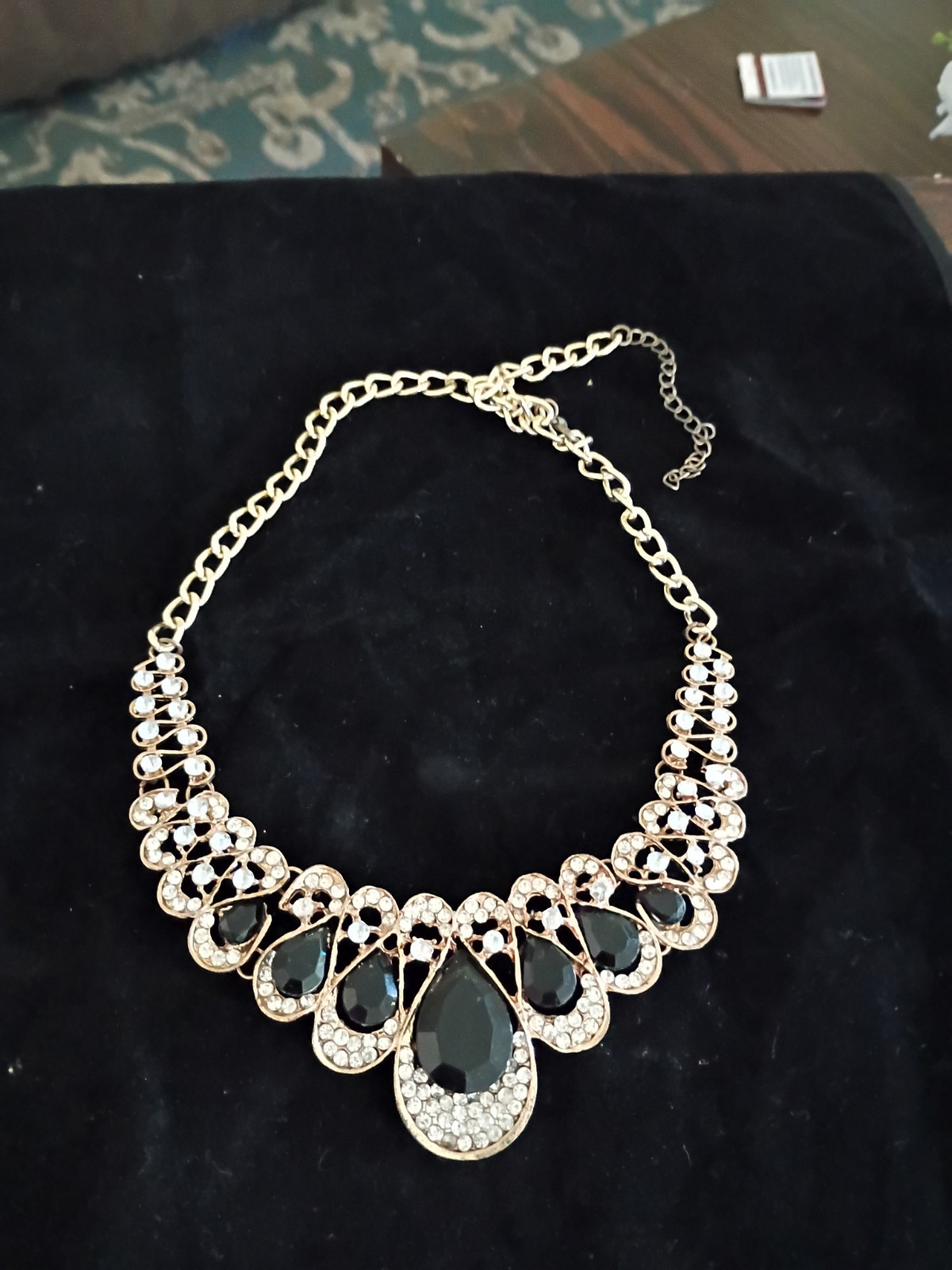 Gold Black Clear Teardrop Bib Statement Necklace Crystal Metal Fashion