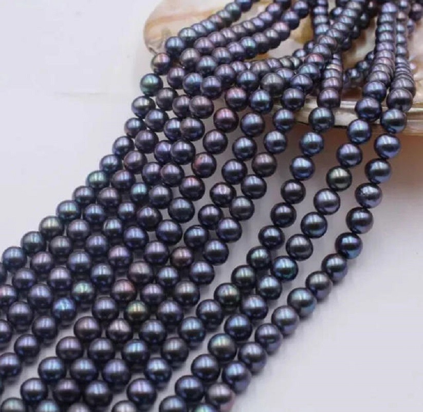 Perfect AAA+7-8mm Natural Black Tahitian Round Pearl Necklace 14K Gold 16/36inch