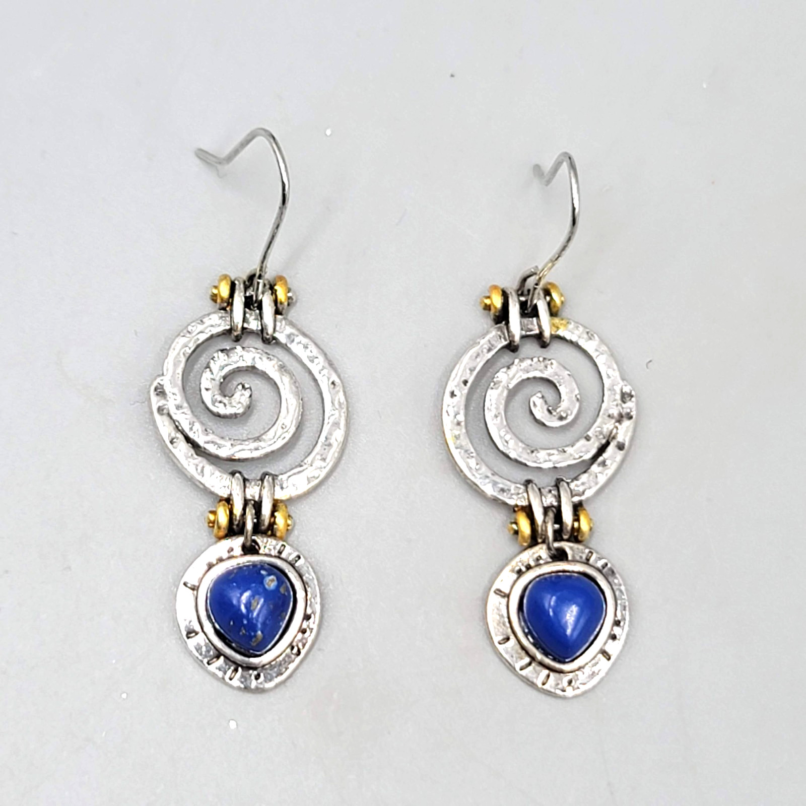 Blue Stone Hammered Metal Pierced Earrings Silver tone Gold tone Dangle 1 3/8 in