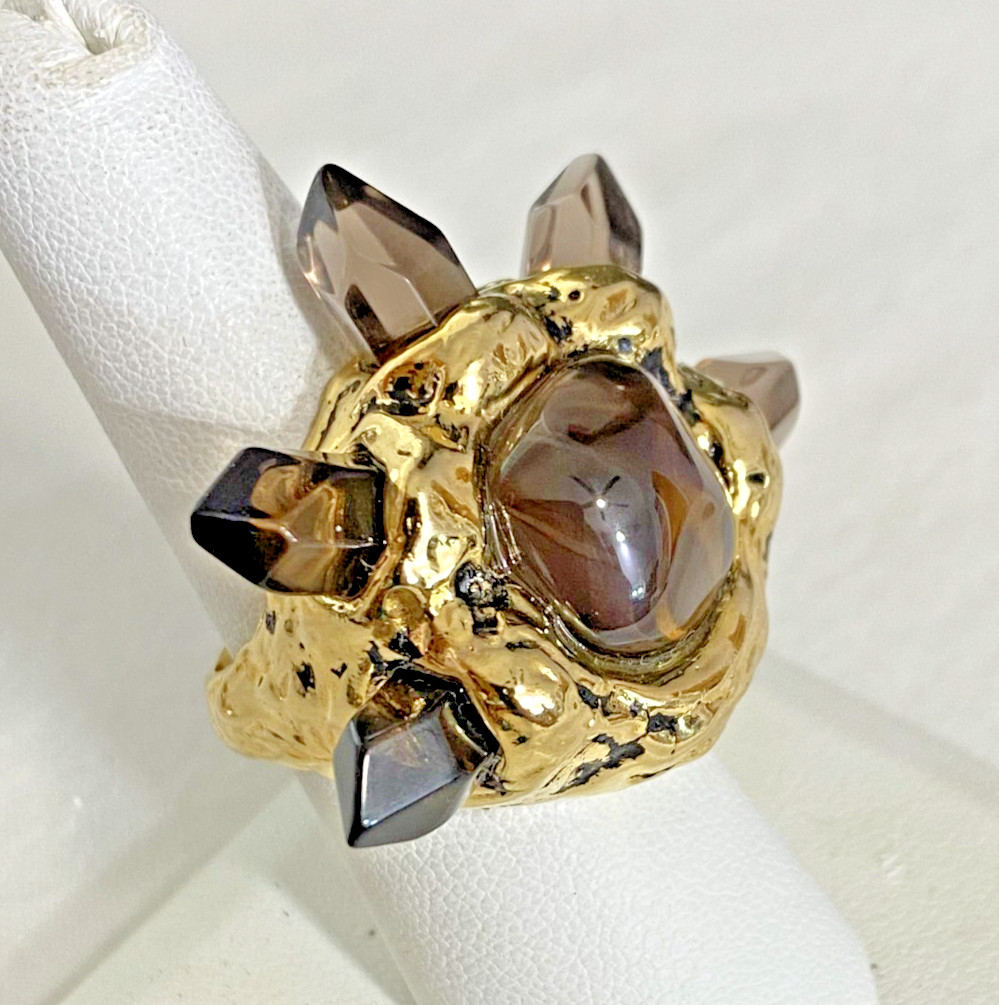 Bloomingdales Designer M Signed Gold-Tone (Smoky Quartz?) Ring, Size 7 1/2, NOS