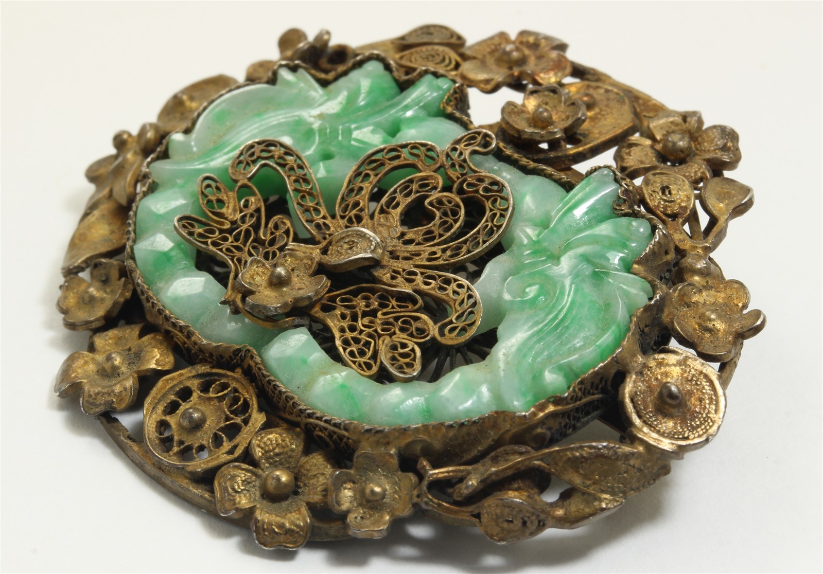 Vintage Chinese Export Sterling Silver Carved Jade Dragon Filigree Brooch Pin