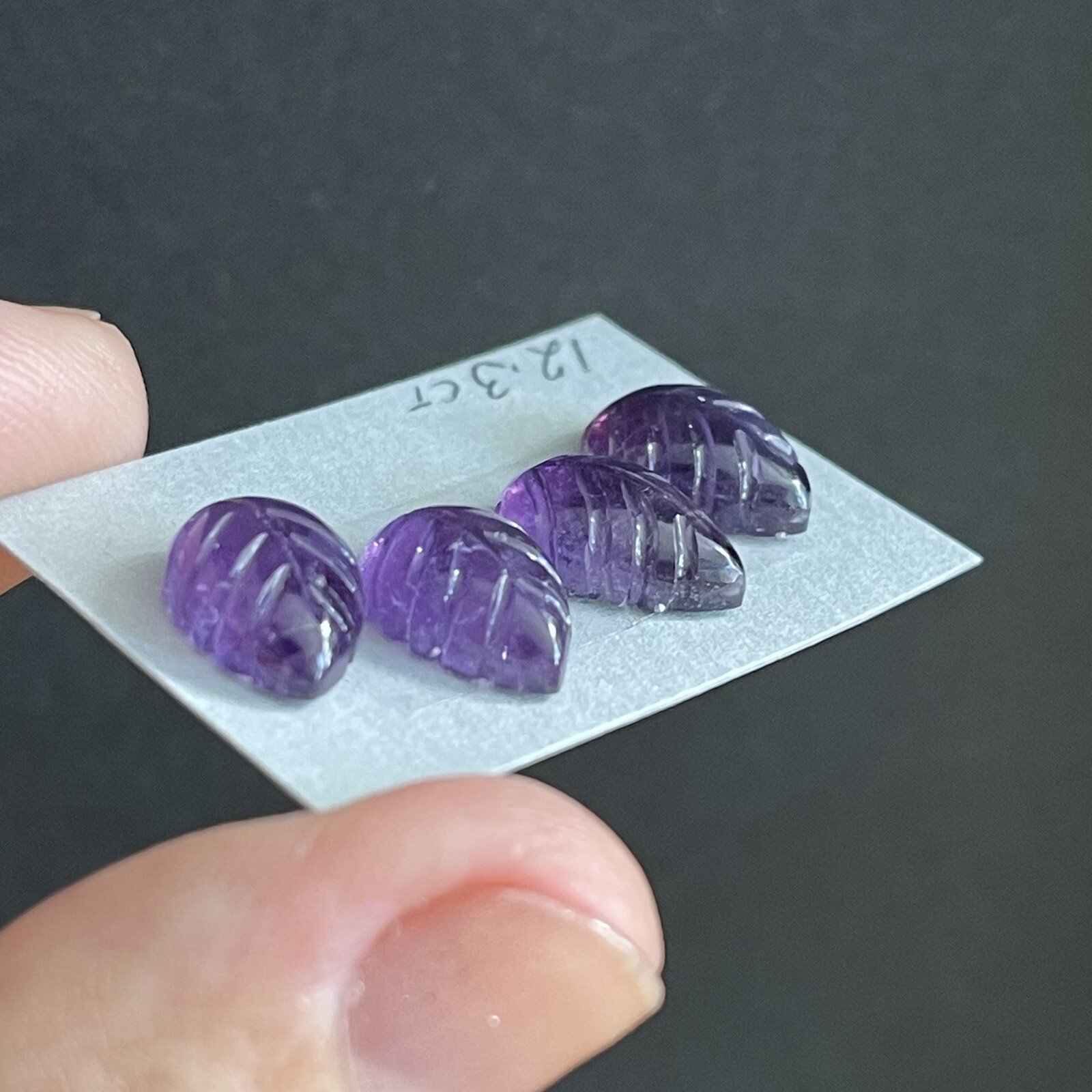 12.3ct 12x8x5mm 4pc Lot Purple Leaf Carved Flat Back Amethyst Cabochons Gems