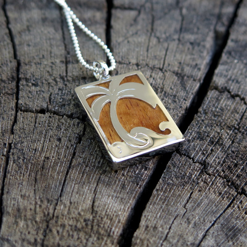 Koa Wood Hawaii Jewelry Plum Tree Silver Rhodium Plated Brass Pendant #BRP1167