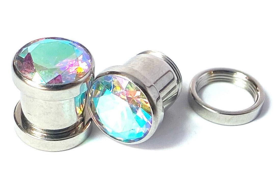 PAIR Large Aurora Borealis Gem Screw Fit Tunnel Plug Gauge Body Jewelry Piercing