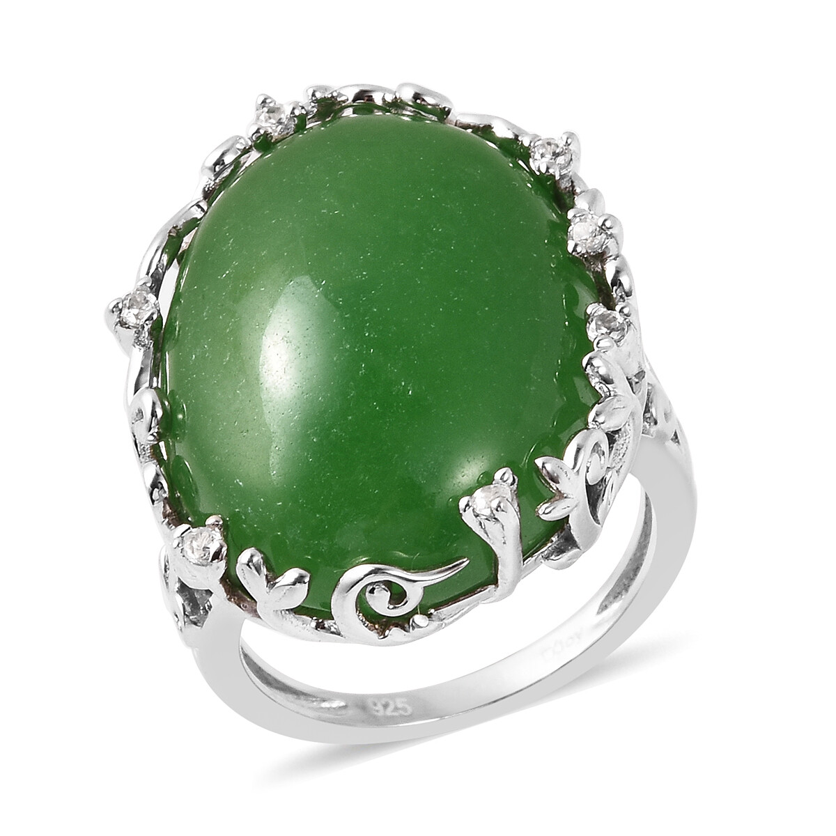 Burmese Green Jade and Zircon Ring in Sterling Silver (Size 9.0) 23.40 ctw