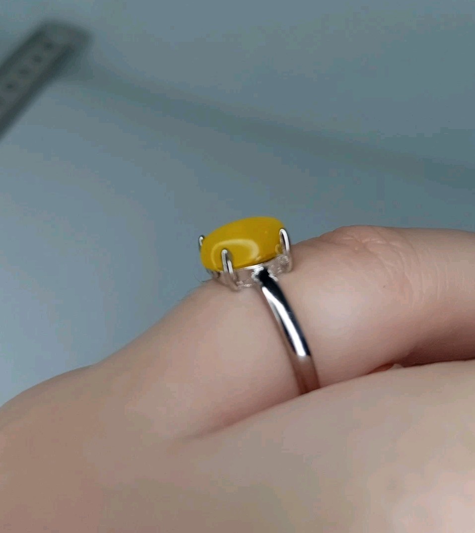 Honey Yellow Amber Crystal Gemstone Ring Adjustable Silver Tone Plated Simple