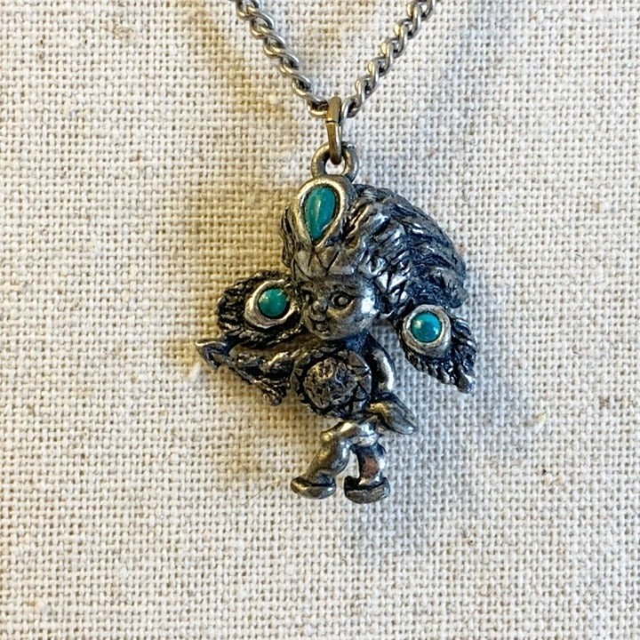 Sancrest Sandford Silver Co Warrior Silver Toned Necklace Earrings Turquoise VTG