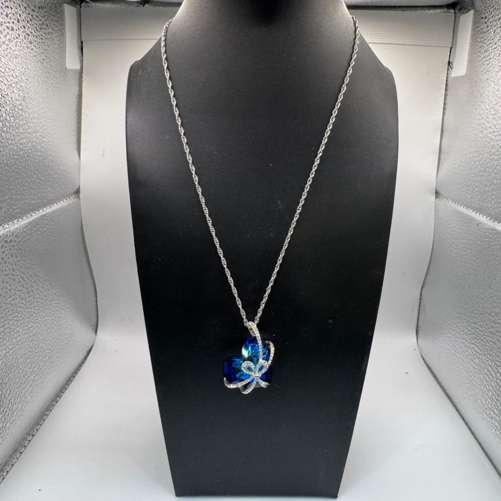 Qianse Swarovski Blue Crystal Heart of The Sea Pendant Necklace Silver Tone NEW
