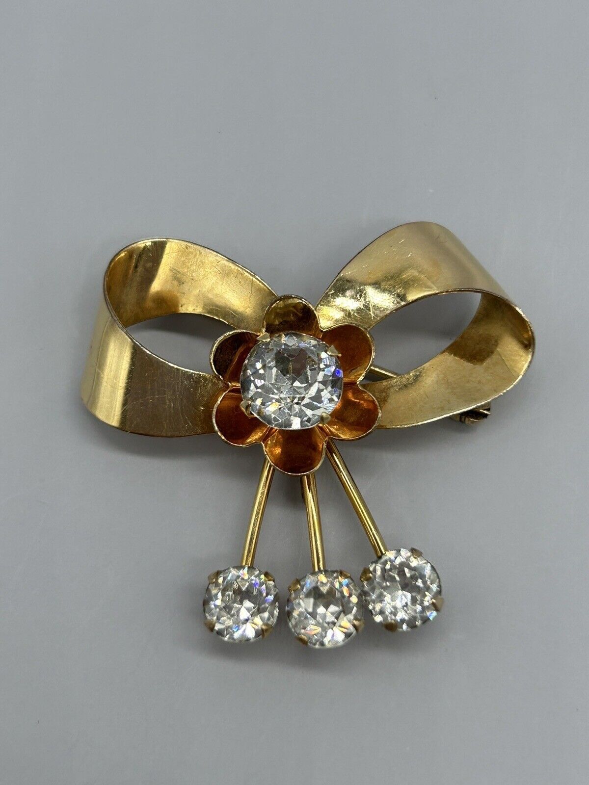 Vintage Signed BAL-RON 12K Gold Plated Crystal Floral Bow Brooch Pin