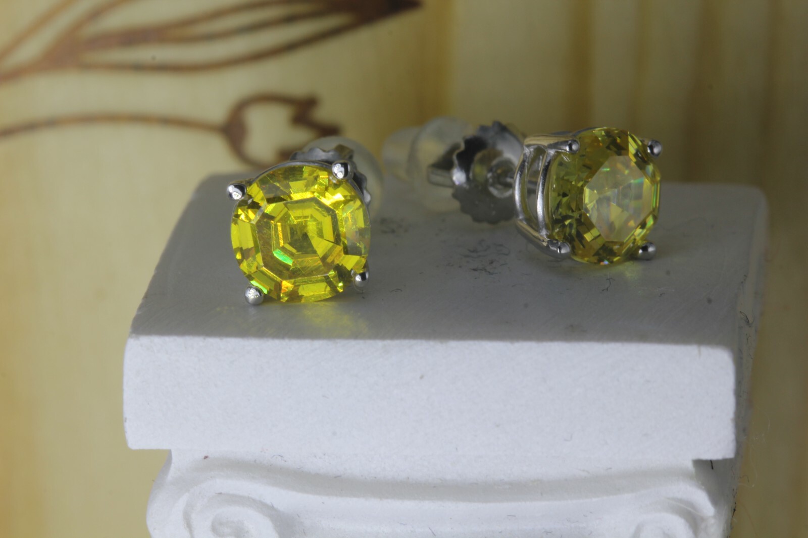 2.56CT Canary Yellow Asscher Round Platinum Finish 925 Stud Screw Back Earrings