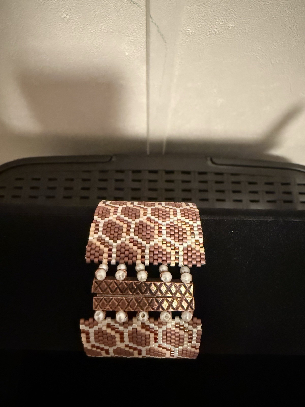 Handmade Honeycomb Seed Bead Brown, White Bracelet. Length- 7.5”.