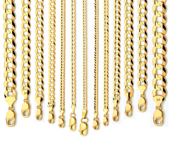 10k Yellow Gold 2mm-14mm Solid Curb Chain Bracelet Size 7″-30″