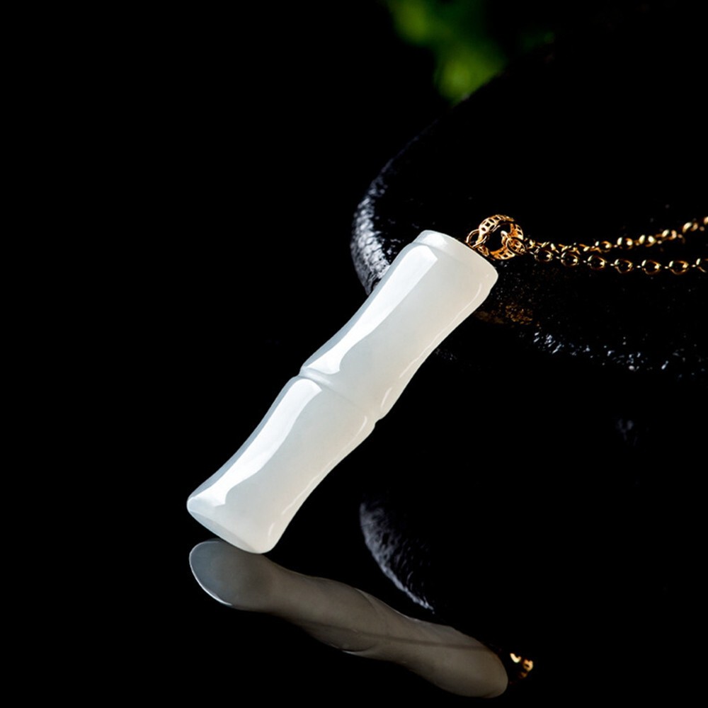 Certified White Natural AAA HeTian Jade 18K Solid Gold Bamboo Pendant Necklace