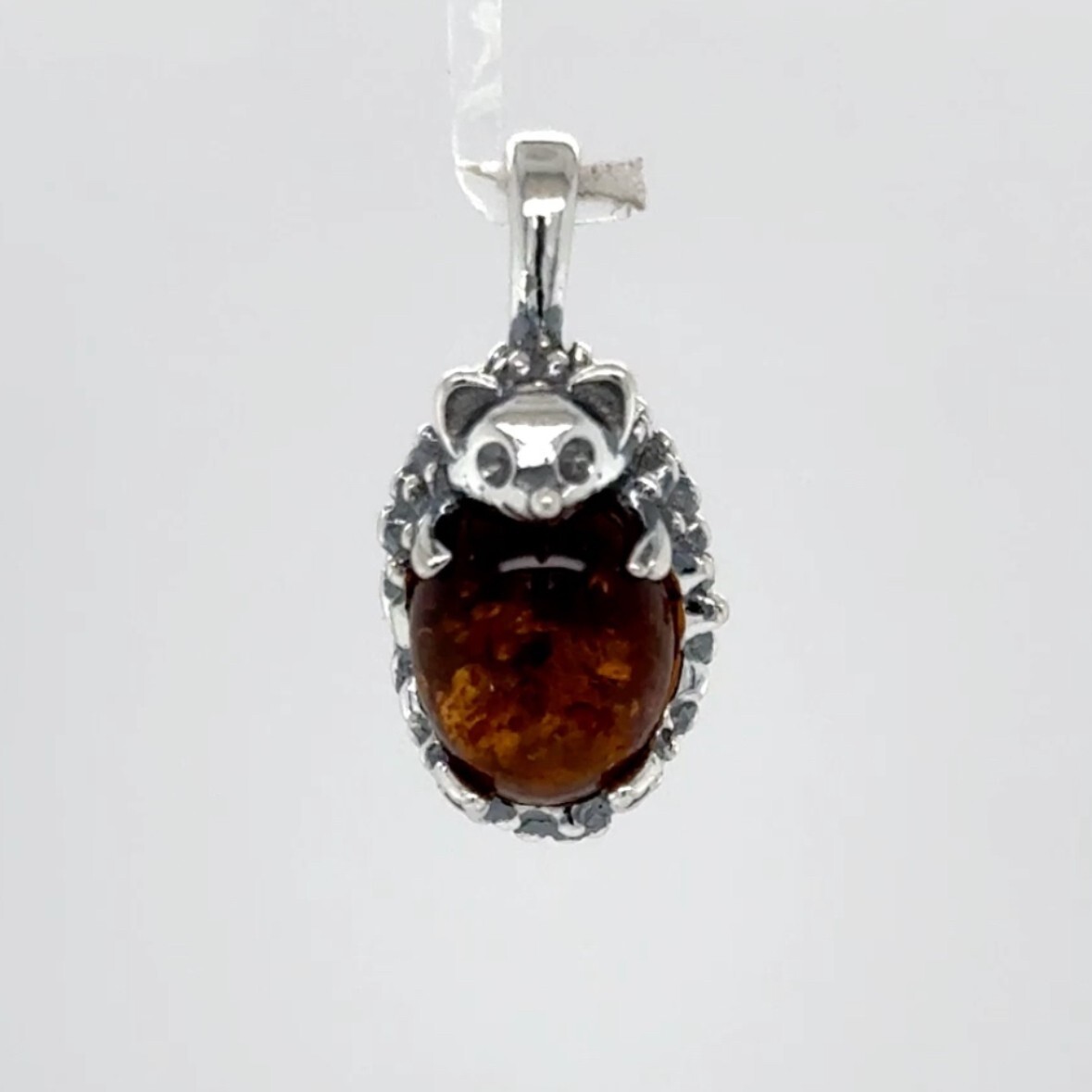 Cognac / Brown BALTIC AMBER Hedgehog Pendant 925 STERLING SILVER Poland #5250e