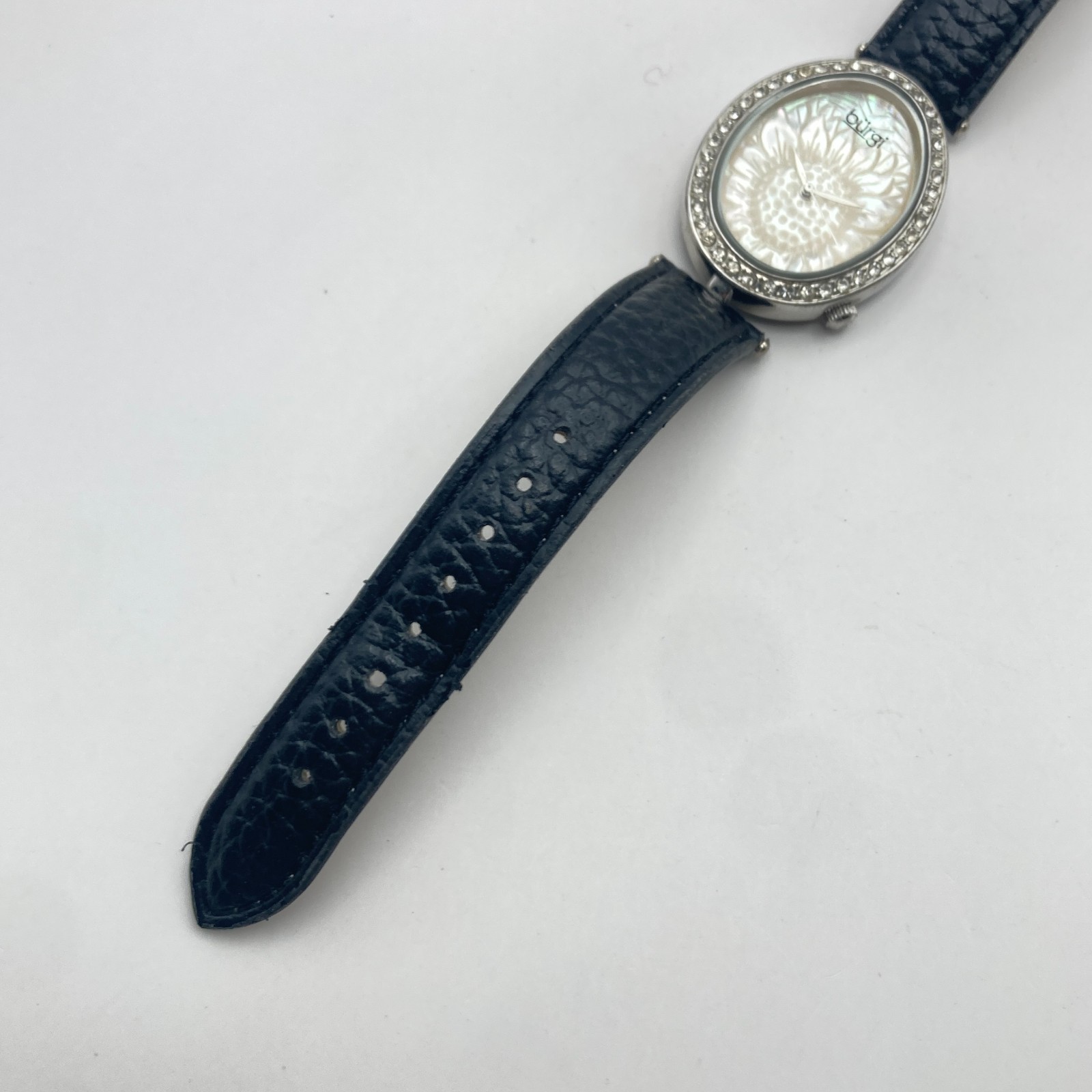 Burgi Women’s Watch Silver Tone Crystals Floral Dial 33mm Oval New Battery 8.75″