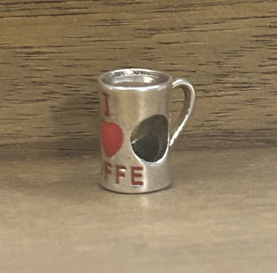 charm S925 Sterling Silver charm Coffee Cafe Coffee Lover Cup Red Heart