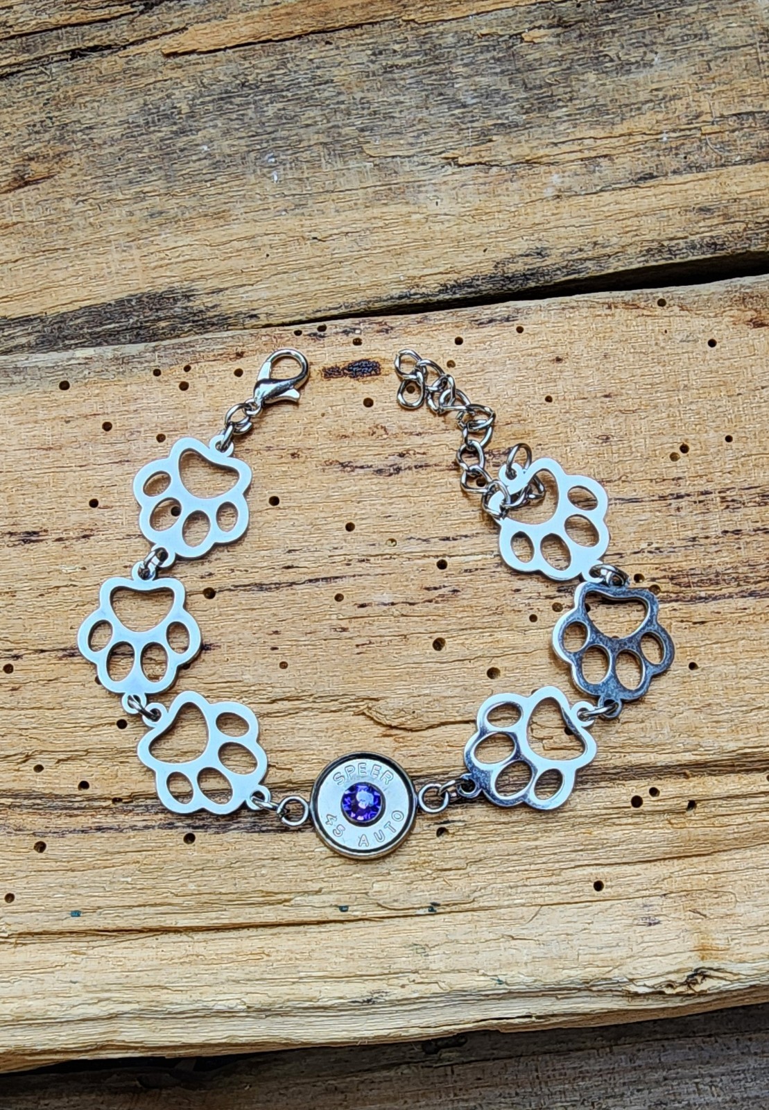 Bullet Bracelet, Stainless Steel Puppy Paws and 45 Auto. Optional Glass Crystal.