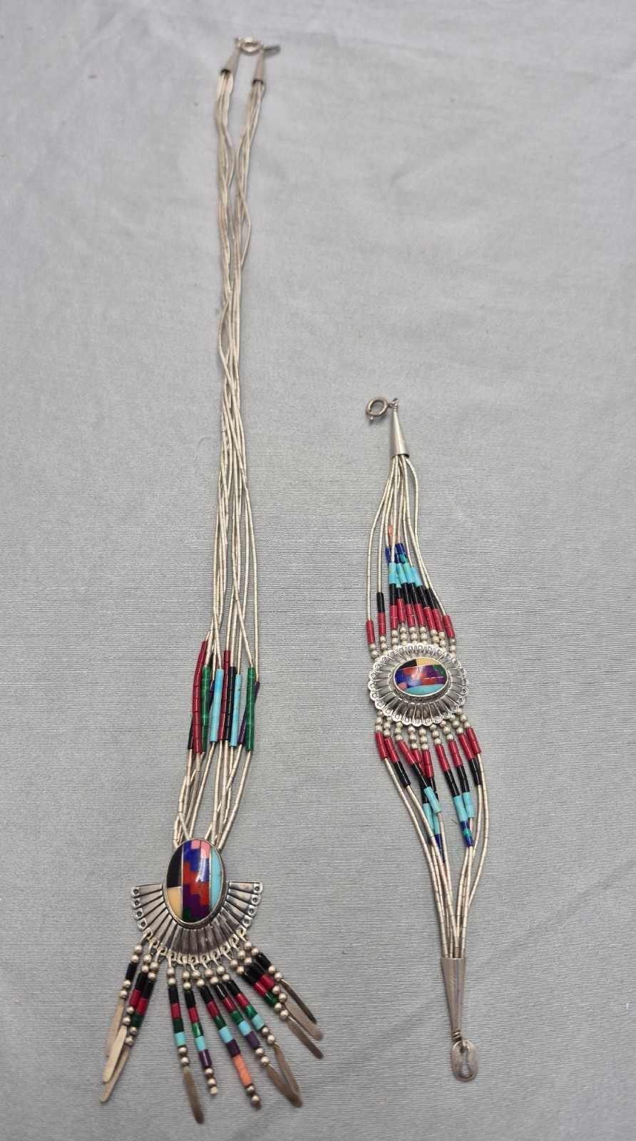Turquoise 10 Strand Liquid Silver Necklace & Matching 10 Strand Bracelet