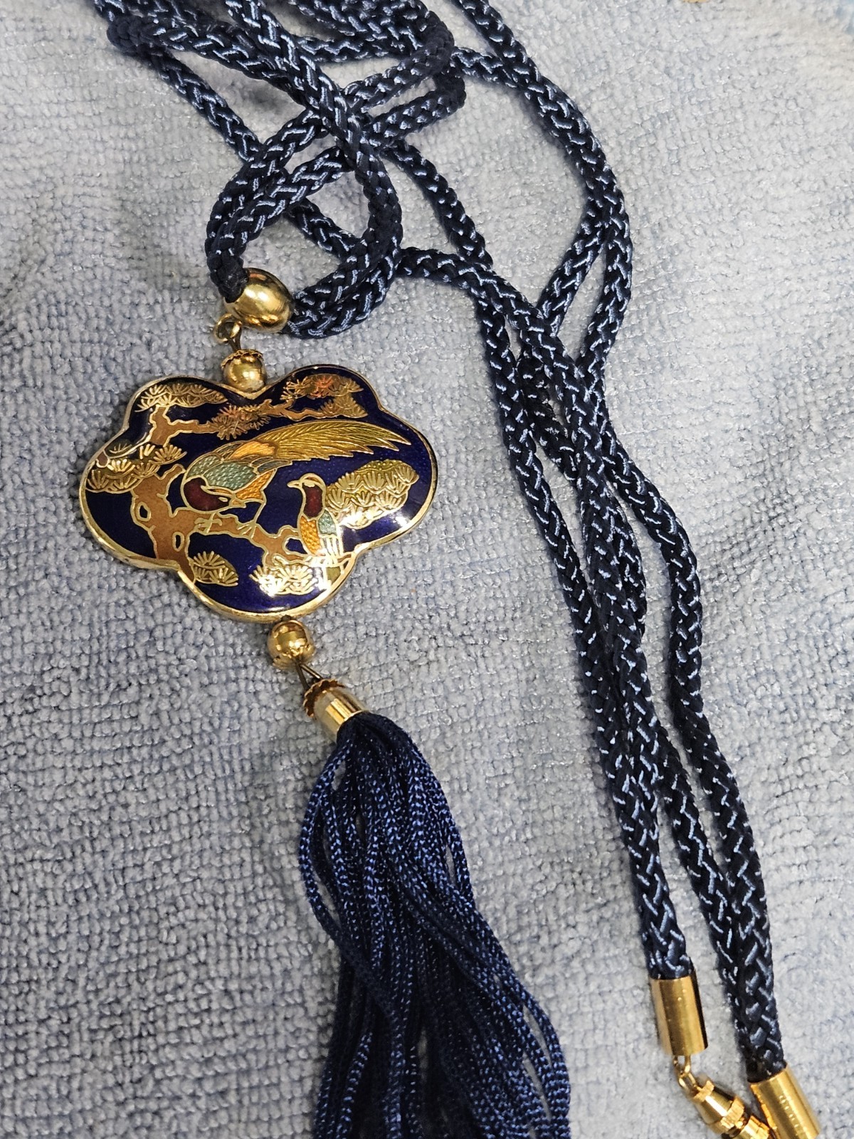 Vintage Cloisonne Gold Tone Peacock Pendant & Necklace 24″ Double Cord