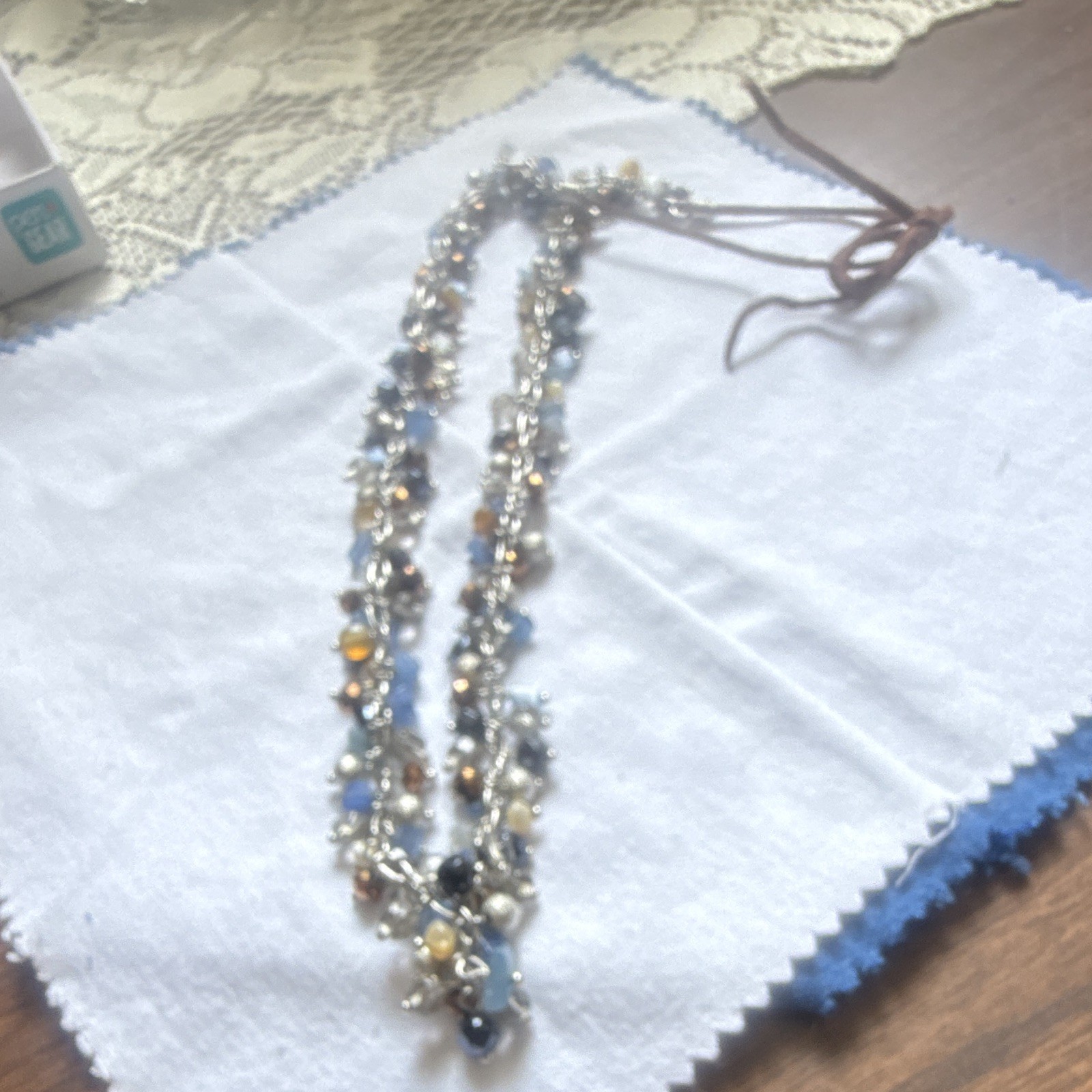 Blue Gold Tone Beaded Crystal Glass Tie Adjustable Necklace Round Stone