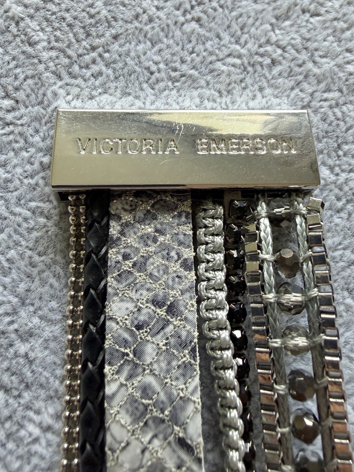Victoria Emerson Wrap Bracelet Faux Leather Crystal Magnetic Silver/Black