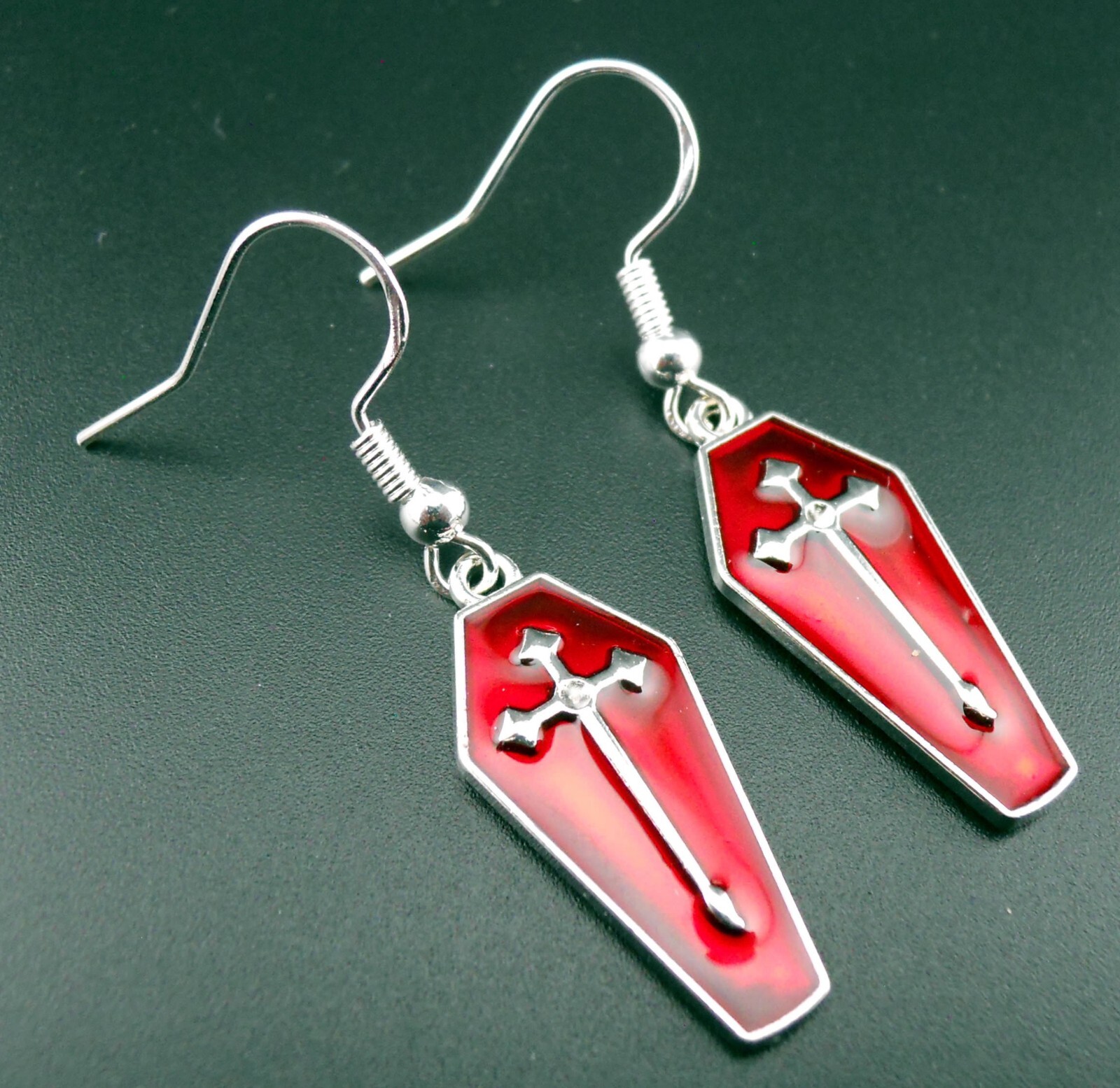 Coffin Earrings Sterling Silver Ear Wires Red Enamel Cross Casket Earrings New!