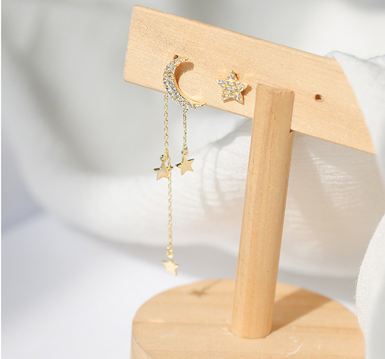 18K Gold Sterling Silver CZ Moon Star Tassel Asymmetrical Stud Earrings Box PE47