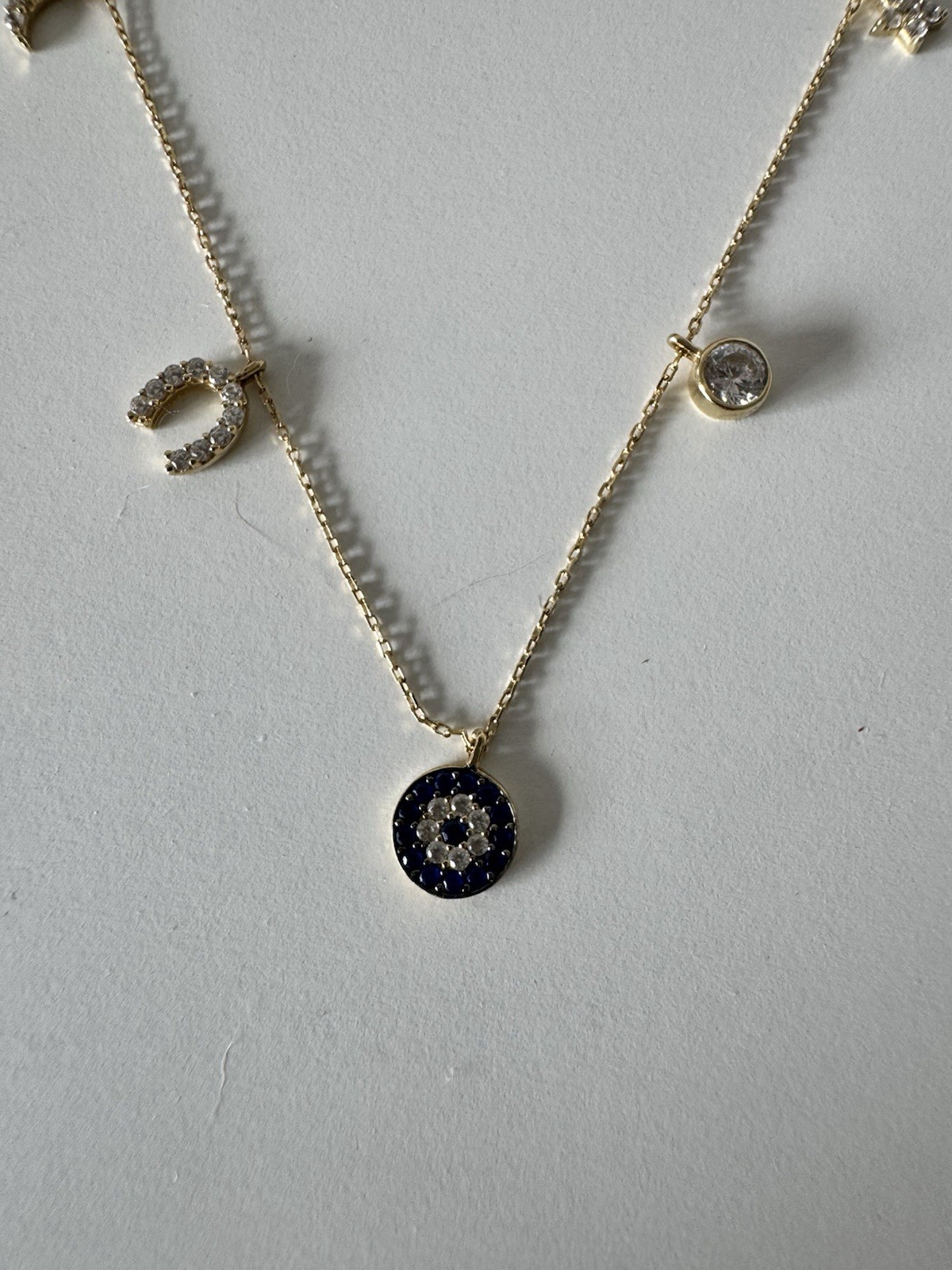 14K SOLID YELLOW GOLD NECKLACE WITH 5 CHARMS ZIRCONIA Stamped 585