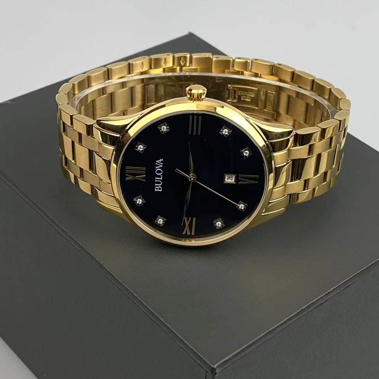 Bulova Classic Diamond 97D108 Black Dial Stainless Steel Men’s Quartz Watch 40mm