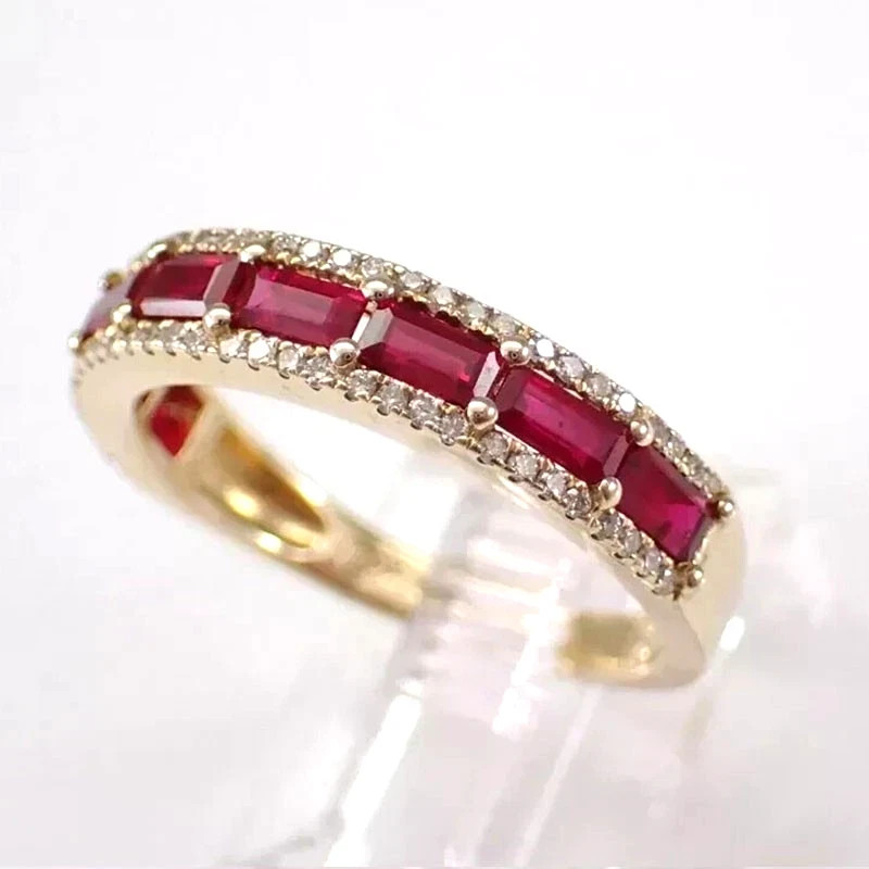 July Birthstone Gift Emerald Cut Natural Ruby & Diamond Eternity Band 14K Gold