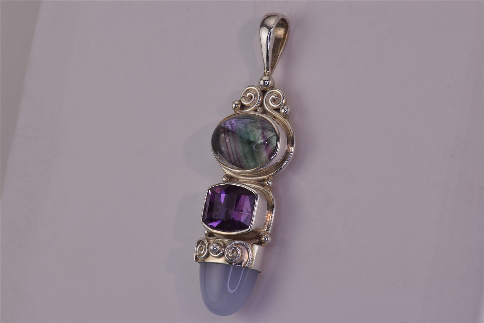 SAJEN Sterling Silver 63mmx 18mm Fluorite Amethyst Quartz Statement 925 Pendant