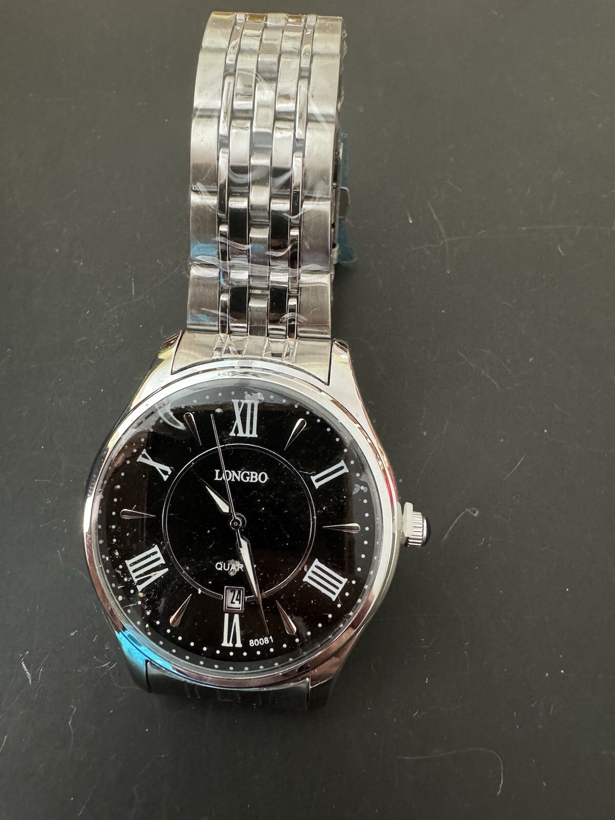 Mens Longbo Black Dial Date Indicator Stainless St Band Watch NEW In Plastic