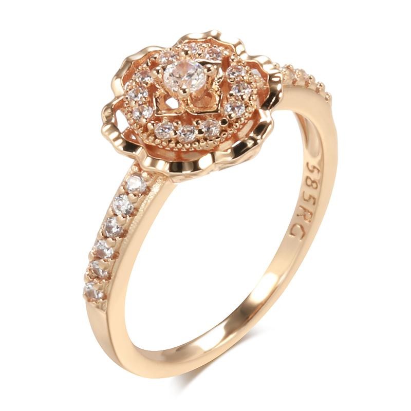 Vintage 585 Rose Gold Zircon Rose Flower Ring Women Crystal Wedding Jewelry Gift