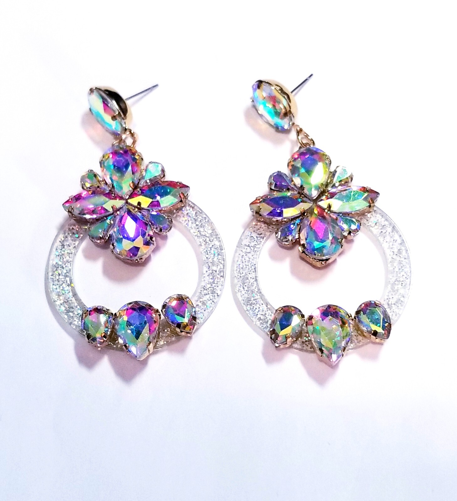 Drop Dangle Chandelier Earrings 3.3 inch AB Rhinestone Acrylic Hoop Pageant Prom
