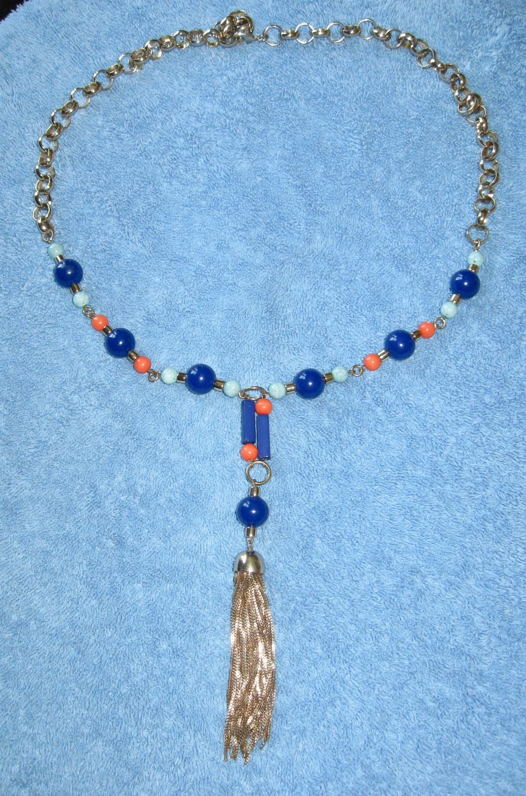 Chain & Beaded Orange & Blues Necklace “T” Logo 19″ Drop w/Metal Tassel Lobster