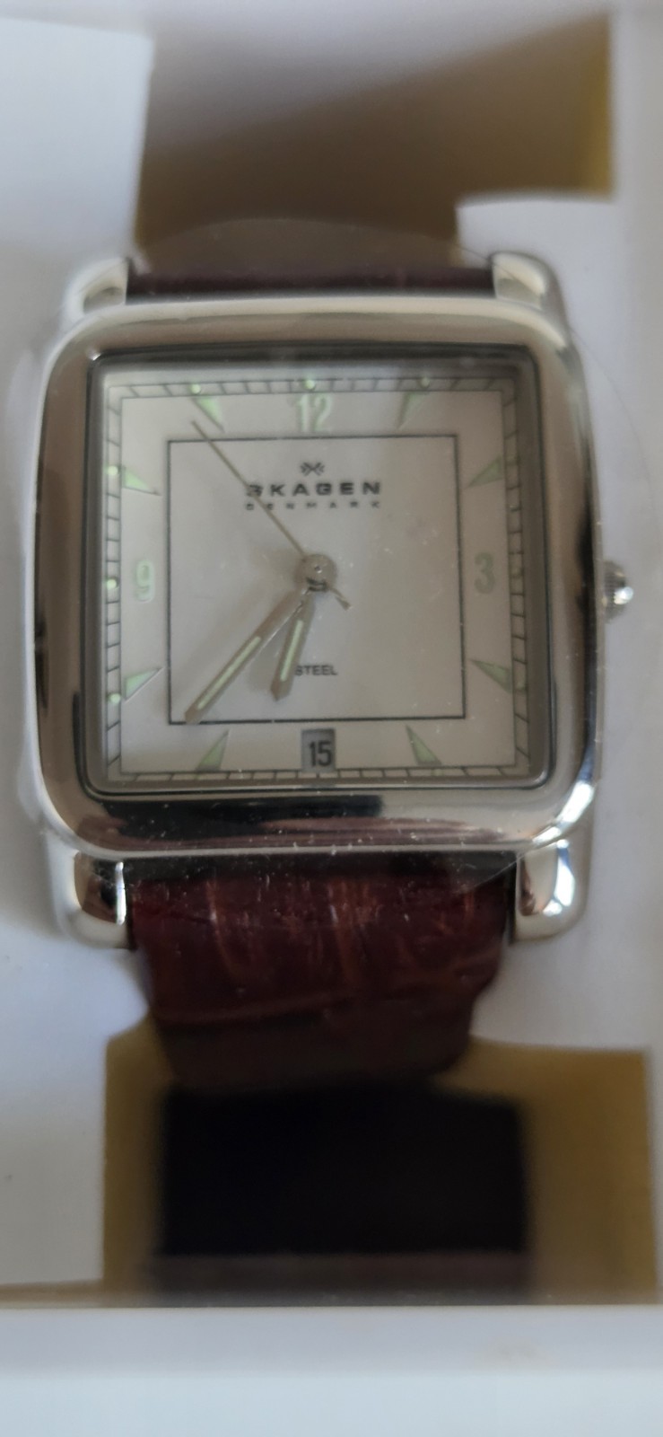 Rare NEW Skagen Ultra Slim Square Watch 182LSLW Brown Leather Date Dial Box…