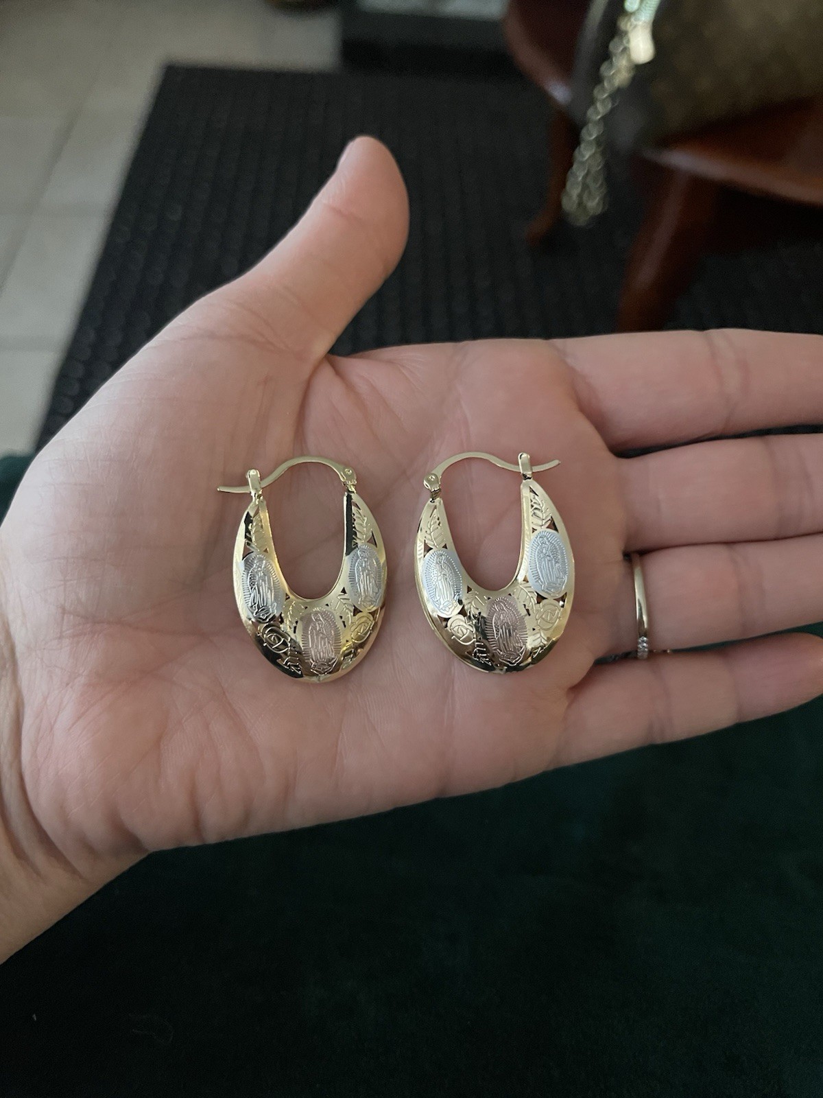 Two-Tone Gold Silver Etched Religious Teardrop Hoop Earrings Latch Back