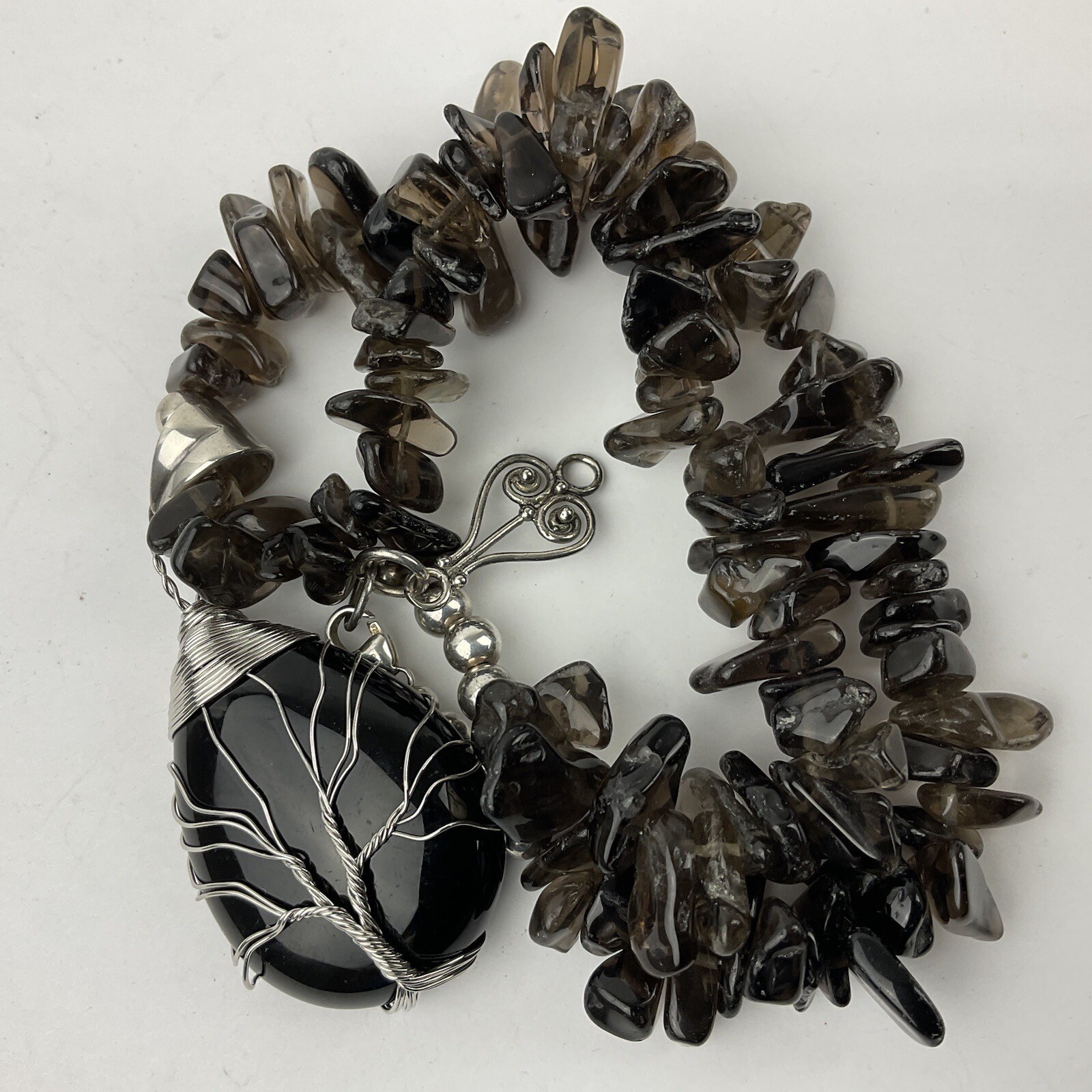 Artisan Obsidian Tree of Life Sterling Wrapped Pendant Smokey Quartz Necklace