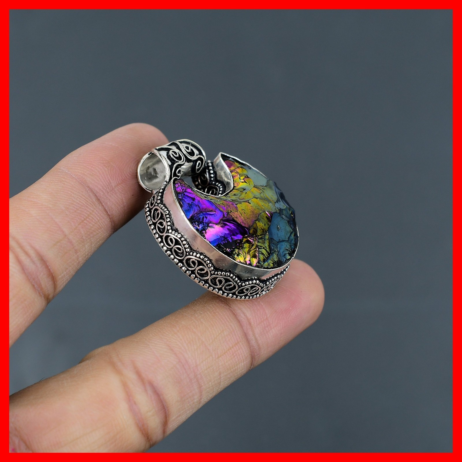 925 Sterling Silver Titanium Druzy Stone Crescent Moon Vintage Birthday Pendant