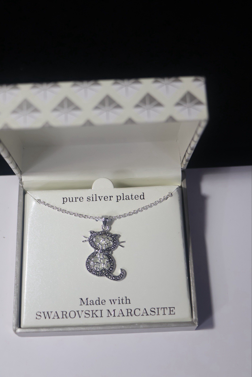 Sparkle Allure Silver Plated Cat Pendant Necklace With Swarovski Marcasite