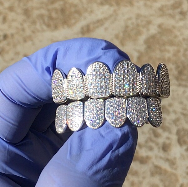 Men’s Real 925 Silver Grillz White Iced Micro Pave CZ Flooded Out Teeth Grills