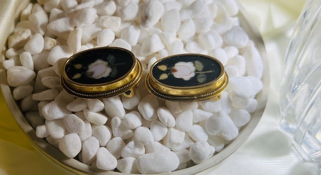 Antique Pietra Dura Floral 18K Yellow Gold Clip Earrings Marked “750”