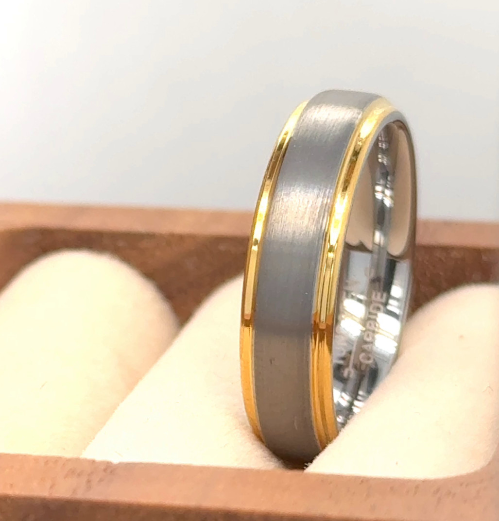 Engraved Band 6mm Silver & Gold Tungsten Stackable Band Wife Valentine Gifts